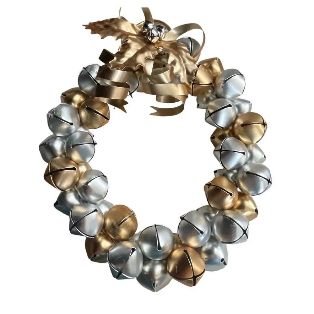 Silver & Gold jingle bells wreath hanging cord Holly decor
